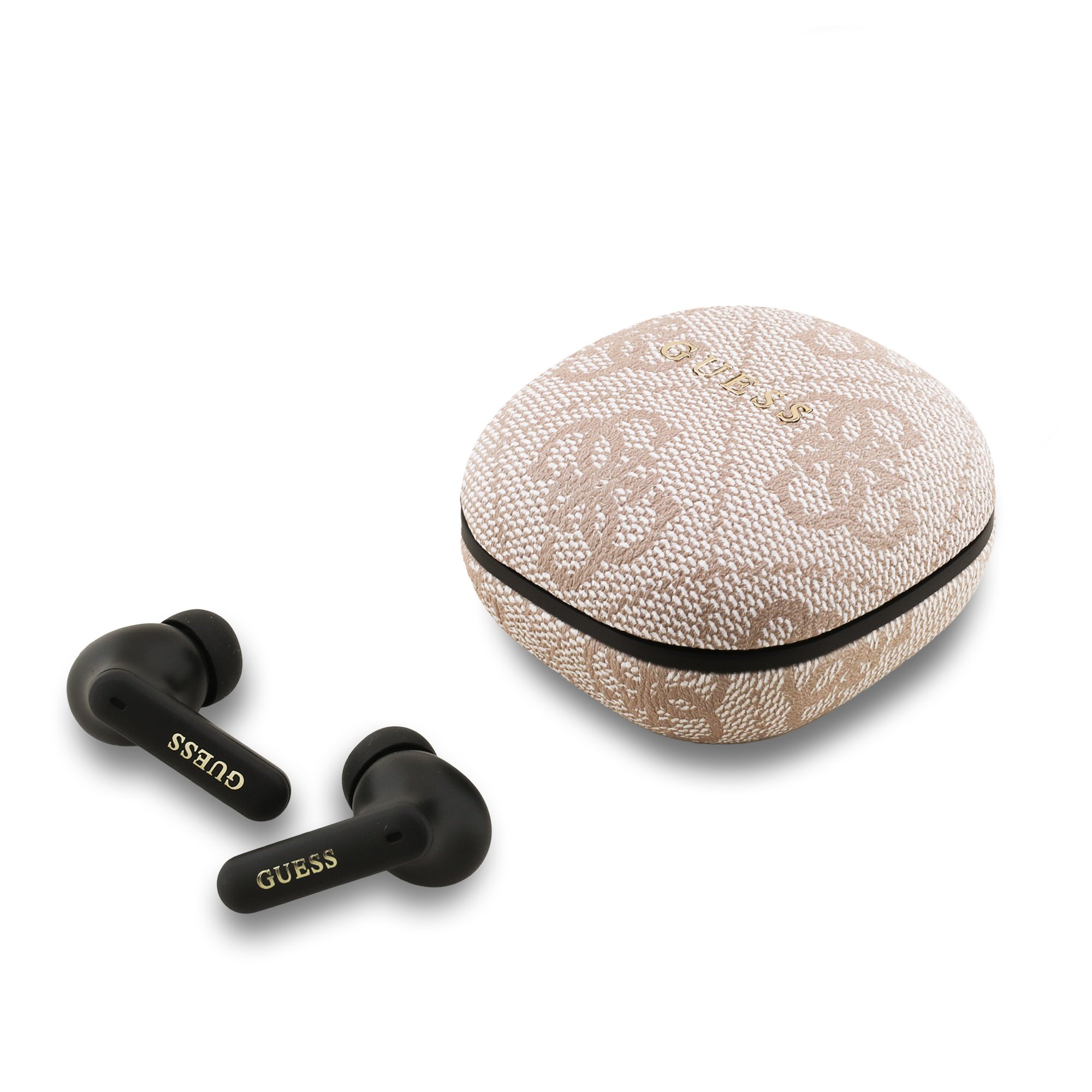 Rausvos belaidės ausinės Guess PU 4G Script Logo ENC TWS Rausvos belaidės ausinės Guess PU 4G Script Logo ENC TWS wireless earphones su tekstūruotu įkrovimo dėklu