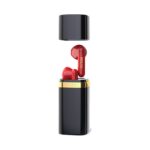 Juodos belaidės ausinės Guess Lipstick Shape TWS Wireless Earphones su raudonais ausinukais ir juodu dėklu su aukso detalėmis