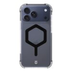 Juodas dėklas Apple Iphone 17 Pro Max Tactical MagForce Hexagon su juodu šešiakampiu simboliu ir permatomomis kraštinėmis
