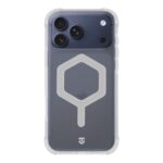 Baltas dėklas Apple Iphone 17 Pro Max Tactical MagForce Hexagon su skaidriu pagrindu ir baltu šešiakampiu raštu