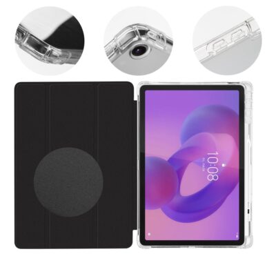 Juodas dėklas Lenovo Idea Tab 11 MistyTab su skaidriu apvadu ir juodu atverčiamu dangteliu