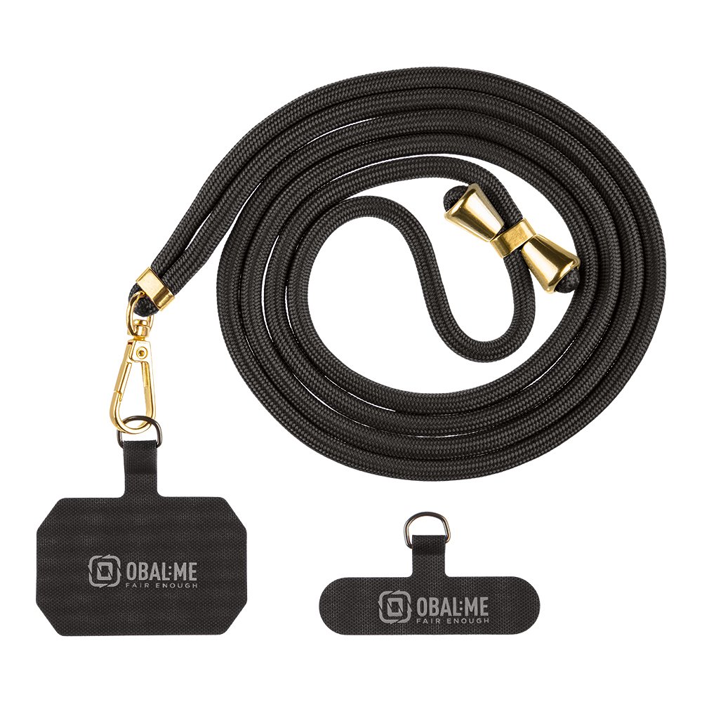 Juodas dirželis telefono OBALME NeckTag Allure Rope Juodas dirželis telefono OBALME NeckTag Allure Rope su auksinės spalvos detalėmis ir priedais
