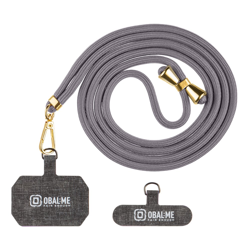 Tamsiai pilkas dirželis telefono OBAL ME NeckTag Allure Rope Tamsiai pilkas dirželis telefono OBAL ME NeckTag Allure Rope su auksinės spalvos detalėmis