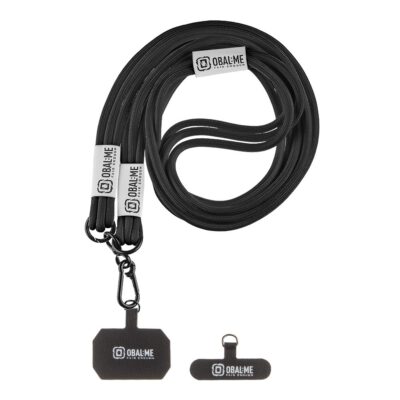 Juodas dirželis telefono OBALME NeckTag Trio Rope su trimis priedais ir logotipais