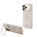 Rausvas dėklas telefonui Apple iPhone 17 Pro Max su Guess PU grūdėtos tekstūros paviršiumi ir 4G logotipo stoveliu