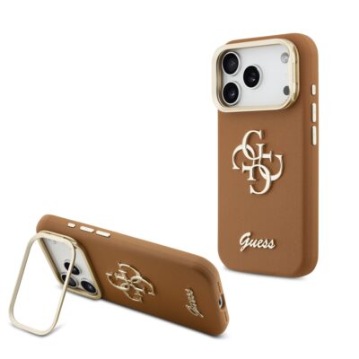 Rudas dėklas telefonui Apple iPhone 17 Pro Guess PU Grained 4G Logo Stand Camera Frame su auksinėmis detalėmis