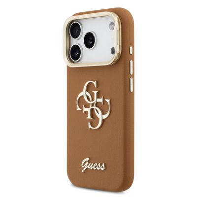 Rudas dėklas telefonui Apple iPhone 17 Pro Guess PU Grained 4G Logo Stand Camera Frame su aukso spalvos logotipu ir kamerų rėmeliu