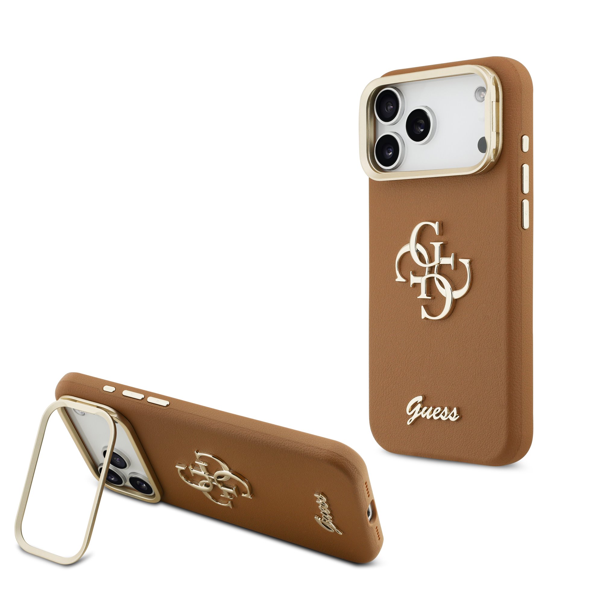 Rudas dėklas Apple iPhone 17 Pro Max Guess PU Grained 4G Logo Stand Camera Frame Rudas dėklas telefonui Apple iPhone 17 Pro Max Guess PU Grained 4G Logo Stand Camera Frame su metaliniu stovu ir kameros rėmeliu
