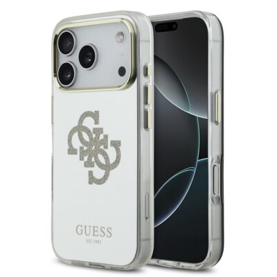 Auksinis dėklas Guess PC/TPU Mirror 4G Glitter Logo MagSafe telefonui Apple iPhone 17 Pro Max baltas su blizgiu logotipu