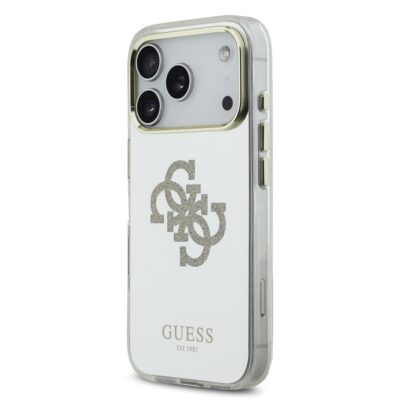 Auksinis dėklas Guess PC TPU Mirror 4G Glitter Logo MagSafe Apple iPhone 17 Pro Max telefone su skaidriu šoniniu kraštu