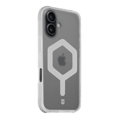 Baltas dėklas Apple Iphone 17 Tactical MagForce Hexagon su aiškiai matomu šešiakampiu raštu ir skaidria medžiaga