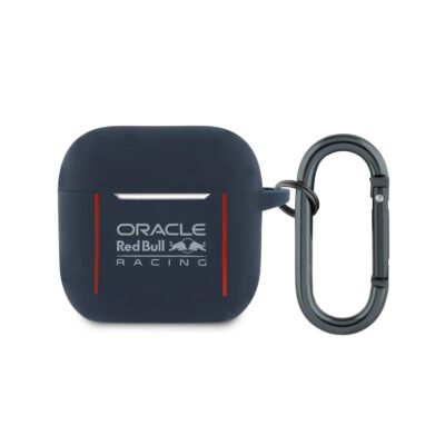 Mėlynas dėkas AirPods 4 Red Bull Silicone su raudonomis linijomis ir metalo karabinu