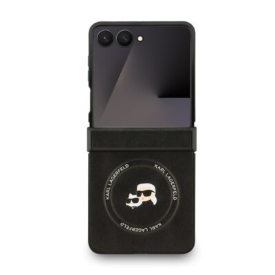 Juodas originalus dėklasKarl Lagerfeld PU telefonui Samsung Galaxy Z Flip 7 su magnetine užsegimu ir Karl Lagerfeld logo