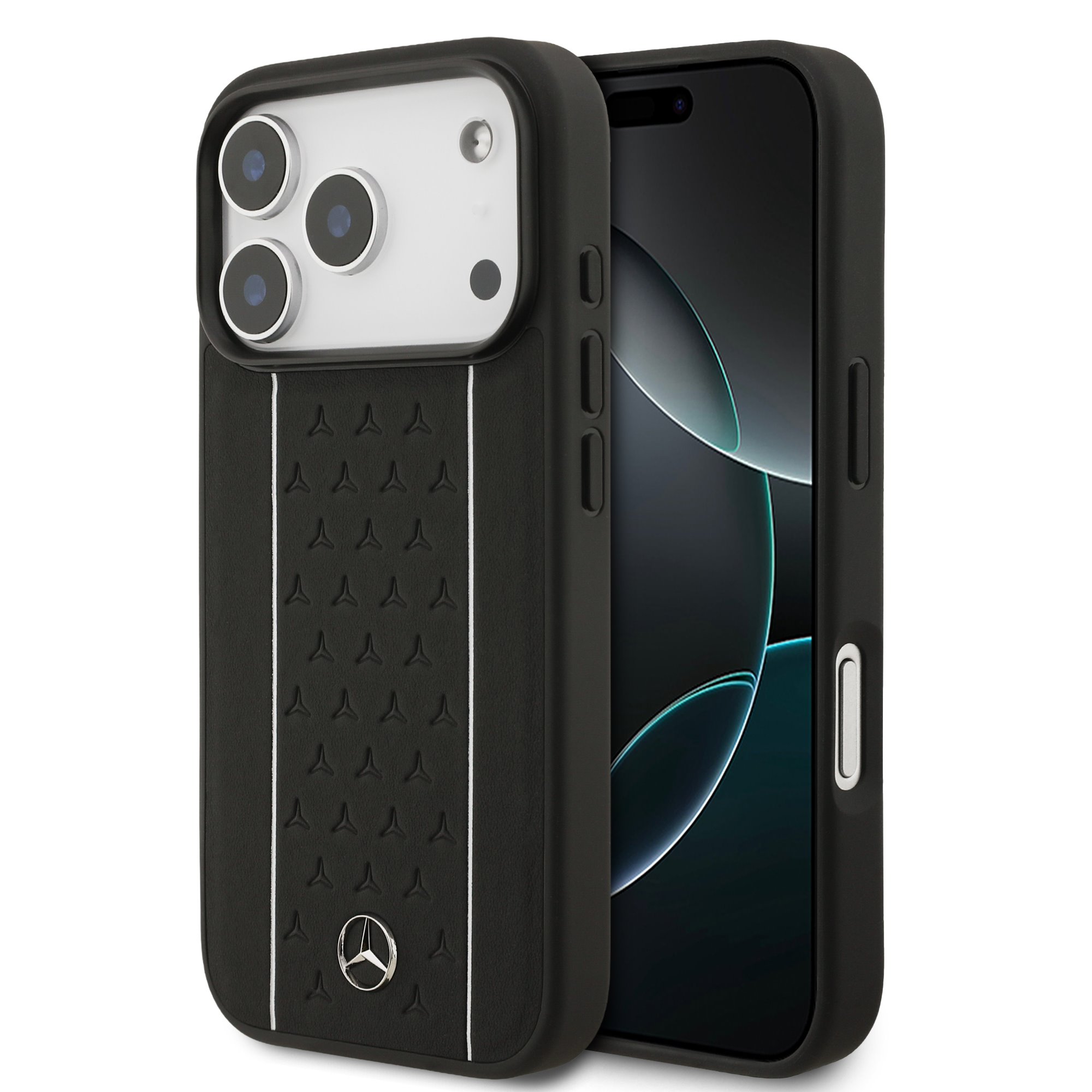 Juodas-baltas dėklas Mercedes iPhone 17 Pro Juodas-baltas dėklas Mercedes Leather Star Pattern and Stripes MagSafe telefonui Apple iPhone 17 Pro