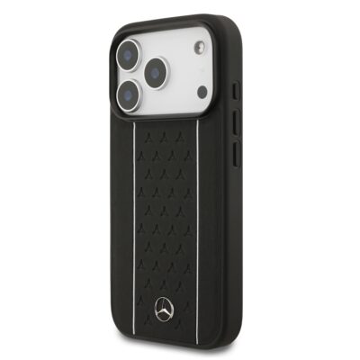 Juodas-baltas dėklas Mercedes Leather Star Pattern and Stripes MagSafe telefonui Apple iPhone 17 Pro su trimis kameromis