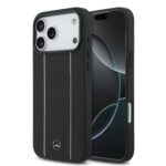 Juodas baltas deklas Mercedes Leather Star Pattern and Stripes MagSafe telefonui Apple iPhone 17 Pro Max su tripapiais zenklais ir dryzemis