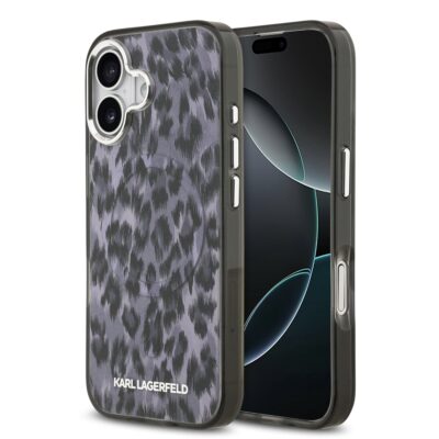 Pilkas dėklas Karl Lagerfeld IML Leopard MagSafe telefonui Apple iPhone 17 su leopardo raštu