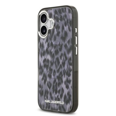 Pilkas dėklas Karl Lagerfeld IML Leopard MagSafe telefonui Apple iPhone 17 su leopardo rašto dizainu ir tamsiomis apvadais