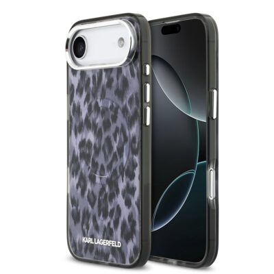 Pilkas dėklas Karl Lagerfeld IML Leopard MagSafe telefonui Apple iPhone Air su leopardo raštu