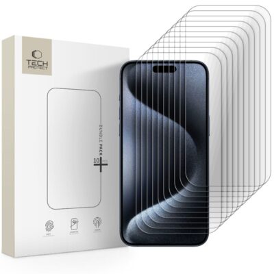 Skaidrus apsauginis ekrano stikliukas Apple iPhone 15 Pro Max TECH-PROTECT BUNDLE 10-PACK, matomas 10 vienetų komplektas