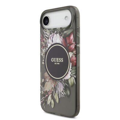 Juodass originalus dėklas Guess IML Flowers Strap MagSafe telefonui Apple Iphone Air su gėlių raštu