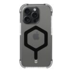 Juodas dėklas Apple Iphone 15 Pro Tactical MagForce Hexagon su aiškiu, permatomu viršumi ir juodu šešiakampiu raštu