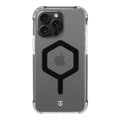 Juodas dėklas Apple Iphone 15 Pro Max Tactical MagForce Hexagon permatomas su juodu šešiakampiu simboliu
