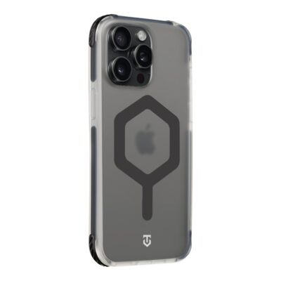 Juodas dėklas Apple Iphone 15 Pro Max Tactical MagForce Hexagon su permatomu korpusu ir juoda heksagono forma gale