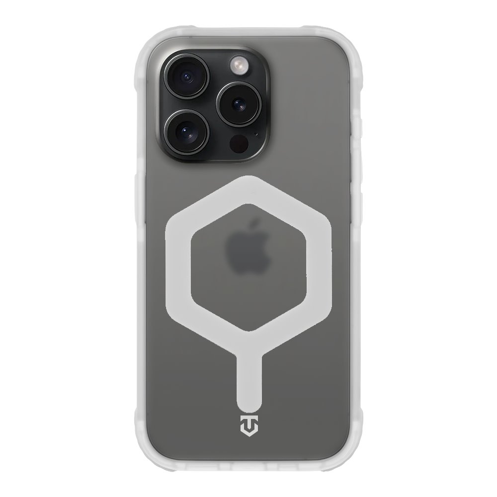 Baltas dėklas Apple Iphone 15 Pro Tactical MagForce Hexagon Baltas dėklas Apple Iphone 15 Pro Tactical MagForce Hexagon su permatomu pagrindu ir baltu šešiakampiu raštu