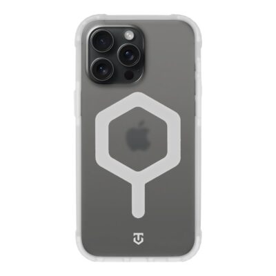 Baltas dėklas Apple Iphone 15 Pro Max Tactical MagForce Hexagon su permatomu tamsiu pagrindu ir heksagono formos piešiniu