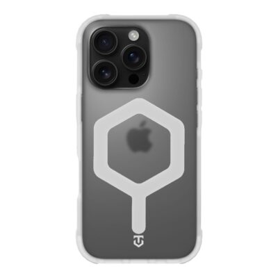 Baltas dėklas Apple Iphone 16 Pro Tactical MagForce Hexagon su permatomu dėklu ir dideliu baltu heksagono formos elementu ant nugarėlės