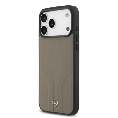 Taupe dėklas Mercedes Leather The Move MagSafe telefonui Apple iPhone 17 Pro Max su matiniu odiniu paviršiumi ir logotipu