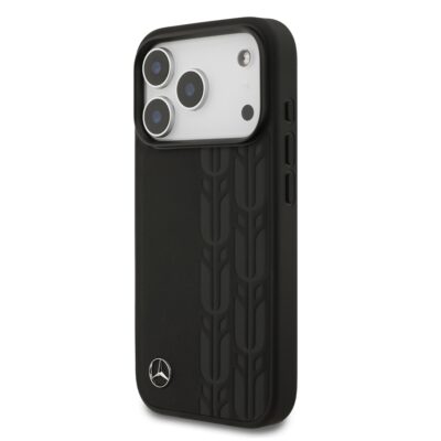 Juodas dėklas Mercedes Leather Lauer Leaves MagSafe telefonui Apple iPhone 17 Pro su iškiliu lapų raštu