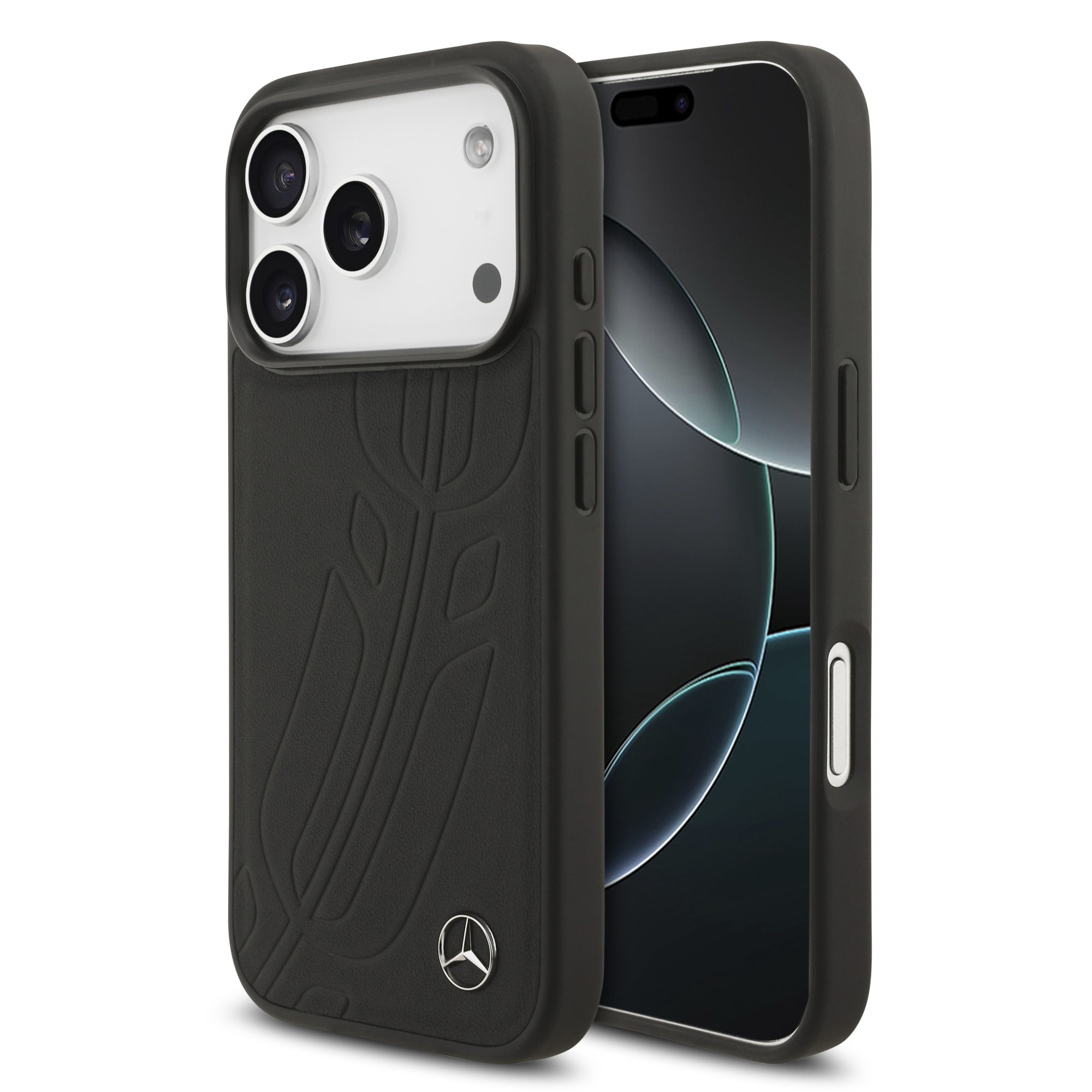 Juodas dėklas Mercedes Large Leather Lauer Leaves MagSafe Juodas dėklas Mercedes Large Leather Lauer Leaves MagSafe telefonui Apple iPhone 17 Pro su odiniu raštu ir metaliniu logotipu.