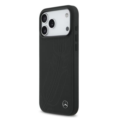 Juodas dėklas Mercedes Large Leather Lauer Leaves MagSafe telefonui Apple iPhone 17 Pro Max su iškiliais lapų raštais