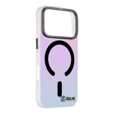 Juodas dėklas Apple Iphone 17 Pro OBALME HoloMag su gradientiniu violetinės ir mėlynos spalvos paviršiumi ir magnetinio įkrovimo simboliu
