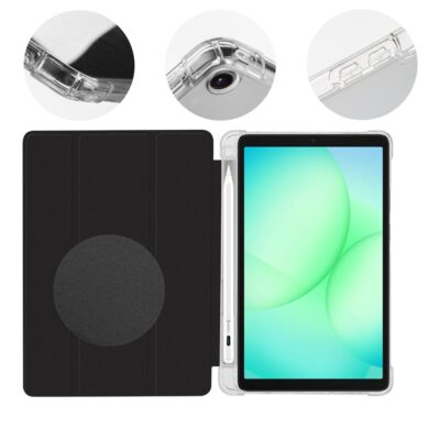 Juodas dėklas Samsung Galaxy Tab A11 A9 MistyTab su skaidriu rėmeliu ir uždarymu magnetu.