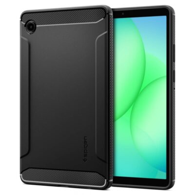 Juodas matinis dėklas Samsung Galaxy Tab A11 8.7 X133 X135 Spigen Rugged Armor su anglies pluošto rašto detalėmis