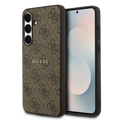 Rudas dėklas Guess PU Leather 4G Colored Ring MagSafe telefonui Samsung Galaxy S25 FE su logotipo raštu
