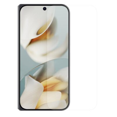 Apsauginis ekrano stikliukas Google Pixel 10 Pro Fold telefonu, matomas stikliukas priekyje ir iki krašto padengtas telefonas