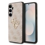 Rausvas originalus dėklas Guess PU 4G Metal Logo telefonui Samsung Galaxy S25 FE su raštu ir metaliniu logotipu