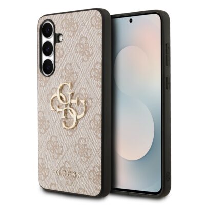 Rausvas originalus dėklas Guess PU 4G Metal Logo telefonui Samsung Galaxy S25 FE su raštu ir metaliniu logotipu