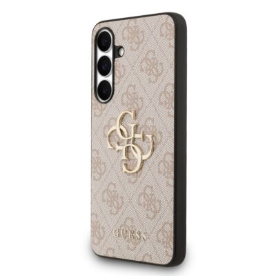 Rausvas originalus dėklas Guess PU 4G Metal Logo telefonui Samsung Galaxy S25 FE su metaliniu logotipu