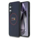 Tamsiai mėlynas dėklas Samsung Galaxy S25 FE Red Bull PU Leather Red Ring MagSafe su raudonu žiedu ir Oracle Red Bull Racing logotipu