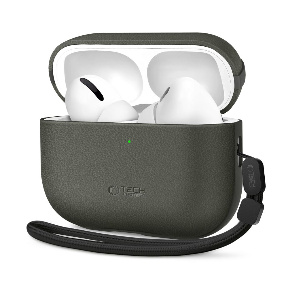 Žalias dėklas Apple Airpods Pro 3 TECH-PROTECT NATURALFIT Žalias dėklas Apple Airpods Pro 3 su TECH-PROTECT NATURALFIT logotipu ir užsegimo dirželiu