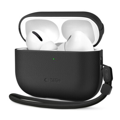 Juodas dėklas Apple Airpods Pro 3 TECH-PROTECT NATURALFIT su baltomis ausinėmis ir juoda apyranke