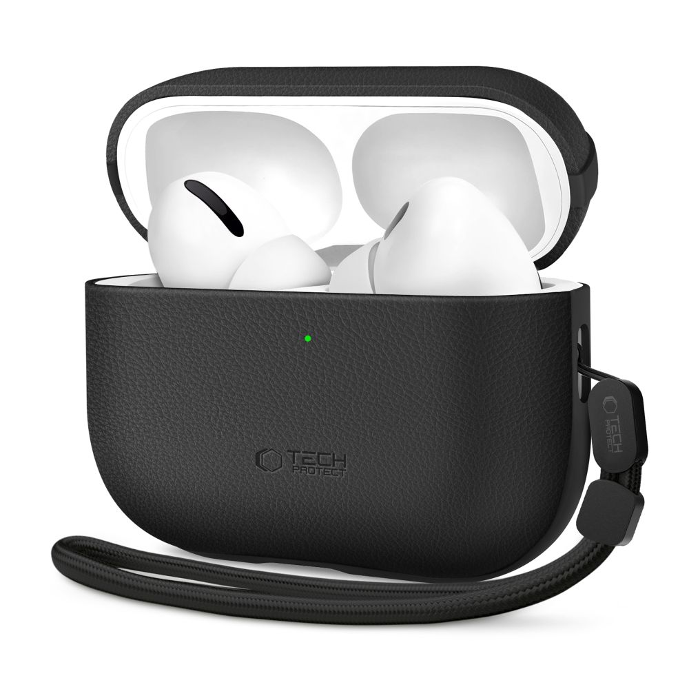 Juodas dėklas Apple Airpods Pro 3 TECH-PROTECT NATURALFIT Juodas dėklas Apple Airpods Pro 3 TECH-PROTECT NATURALFIT su baltomis ausinėmis ir juoda apyranke