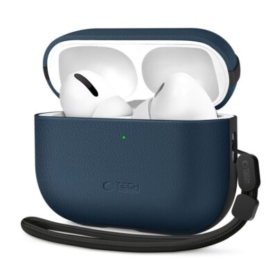 tamsiai melynas deklas apple airpods pro 3 tech-protect naturalfit su baltomis ausinemis