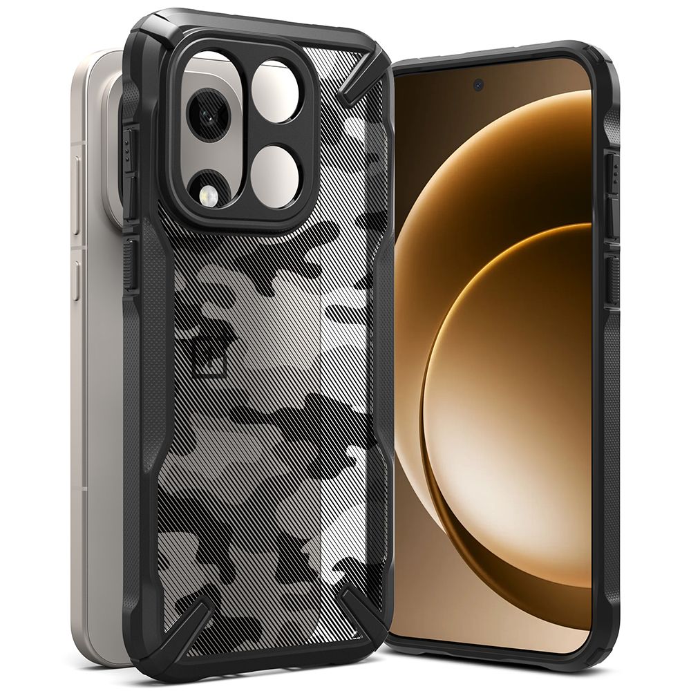 Juodas camo dėklas OnePlus 15 Ringke Fusion X Juodas camo dėklas OnePlus 15 su skaidriu ir kamufliažiniu raštu bei juodu kraštu