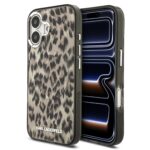 Rudas dėklas Karl Lagerfeld IML Leopard MagSafe telefonui Apple iPhone 17 su kaštoninės spalvos leopardiniu raštu